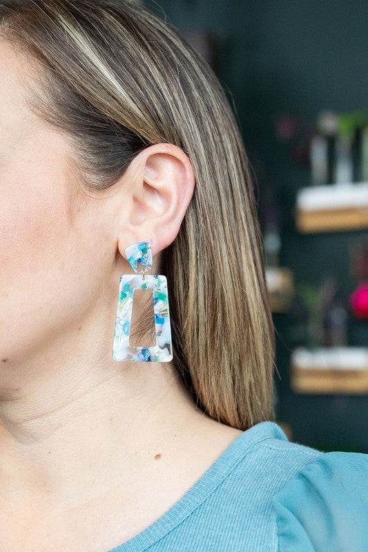 Shop Avery Spring Fling Drop Earrings-Avery Spring Fling Drop Earrings with confetti acrylic charms in cool blue and teal tones. Lightweight and fresh—perfect for spring days and breezy outfits.-available at Reef Love online boho-chic boutique