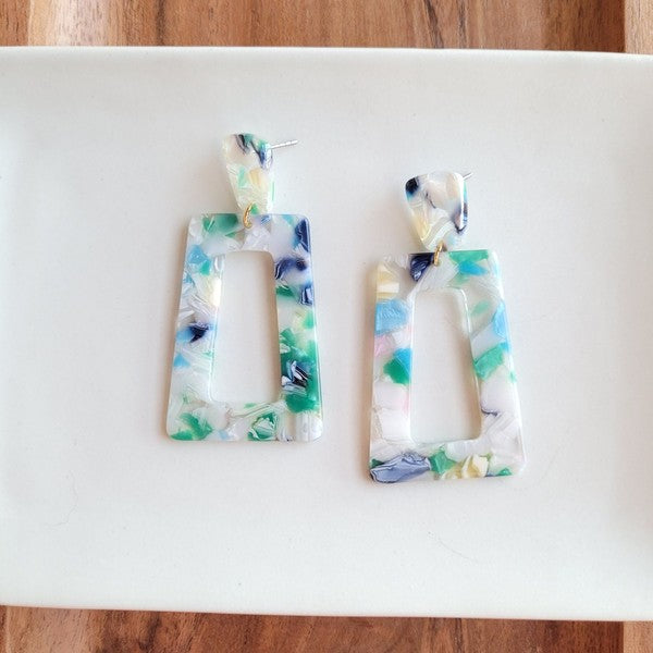 Shop Avery Spring Fling Drop Earrings-Avery Spring Fling Drop Earrings with confetti acrylic charms in cool blue and teal tones. Lightweight and fresh—perfect for spring days and breezy outfits.-available at Reef Love online boho-chic boutique