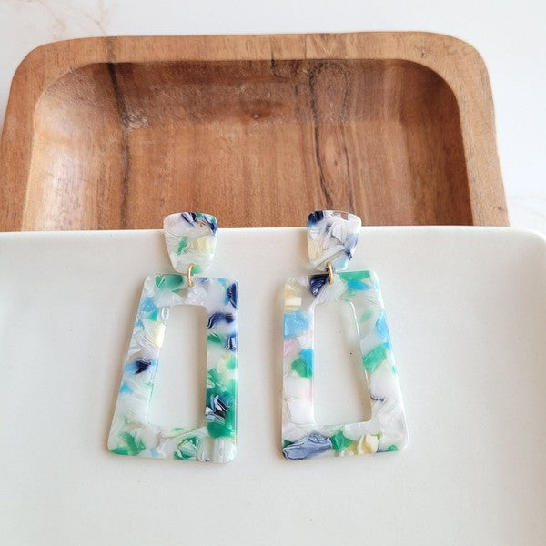 Shop Avery Spring Fling Drop Earrings-Avery Spring Fling Drop Earrings with confetti acrylic charms in cool blue and teal tones. Lightweight and fresh—perfect for spring days and breezy outfits.-available at Reef Love online boho-chic boutique