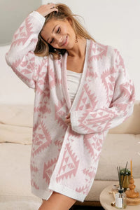 Aztec Pattern Open Front Cardigan-The Aztec pattern open front cardigan is a stylish and cozy addition to your fall wardrobe. The Aztec pattern adds a bohemian and unique touch to the cardigan.