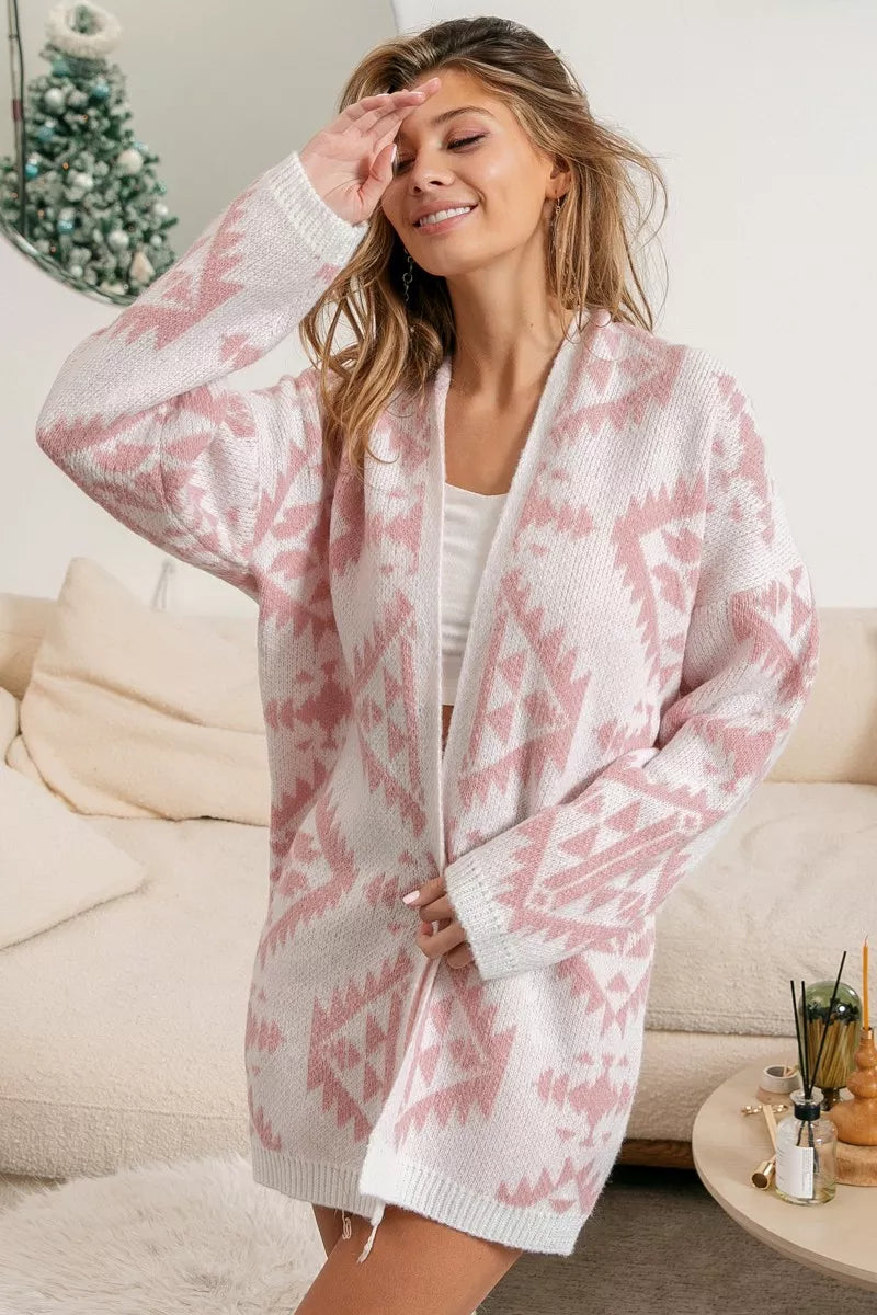 Aztec Pattern Open Front Cardigan-The Aztec pattern open front cardigan is a stylish and cozy addition to your fall wardrobe. The Aztec pattern adds a bohemian and unique touch to the cardigan.