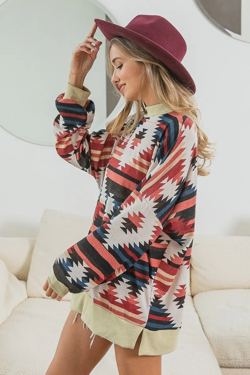 Aztec Print Mirr Mock Neck Long Sleeve Tee-Reef Love