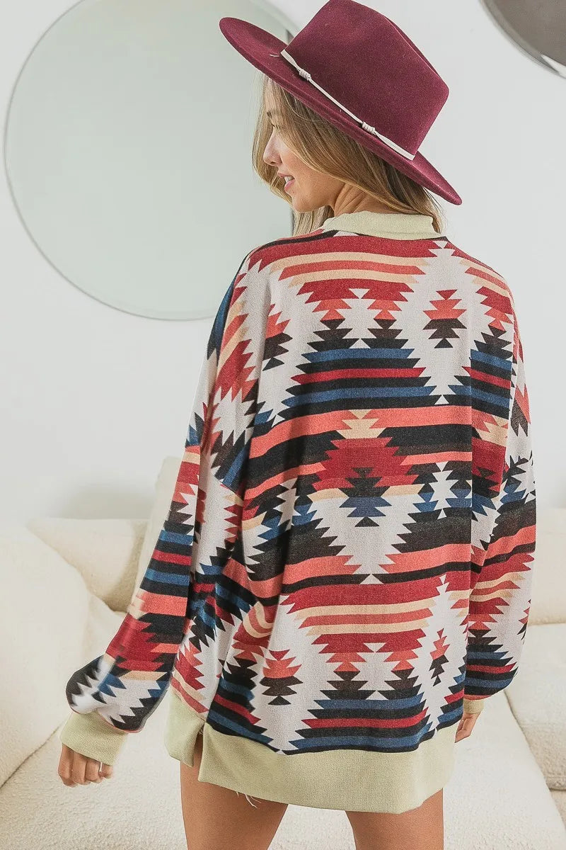 Aztec Print Mirr Mock Neck Long Sleeve Tee-Reef Love