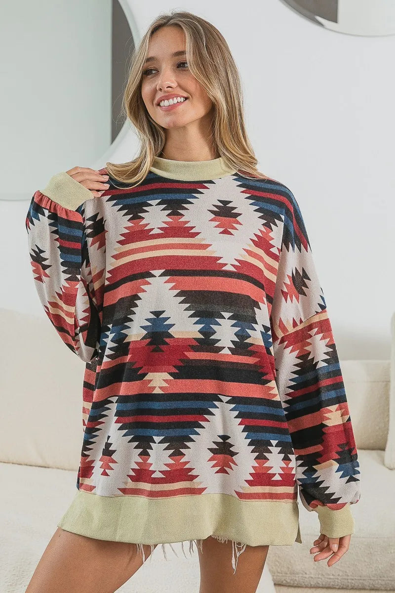 Aztec Print Mirr Mock Neck Long Sleeve Tee-Reef Love