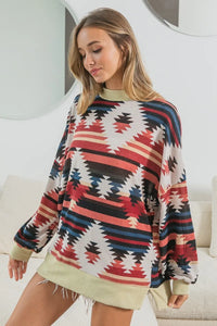 Aztec Print Mirr Mock Neck Long Sleeve Tee-Reef Love