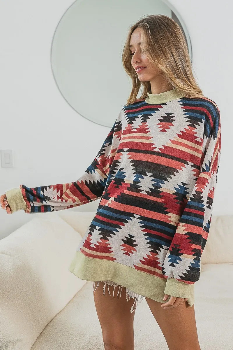 Aztec Print Mirr Mock Neck Long Sleeve Tee-Reef Love