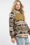 Aztec Print Sherpa Pullover, Brown