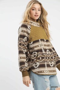 Aztec Print Sherpa Pullover, Brown