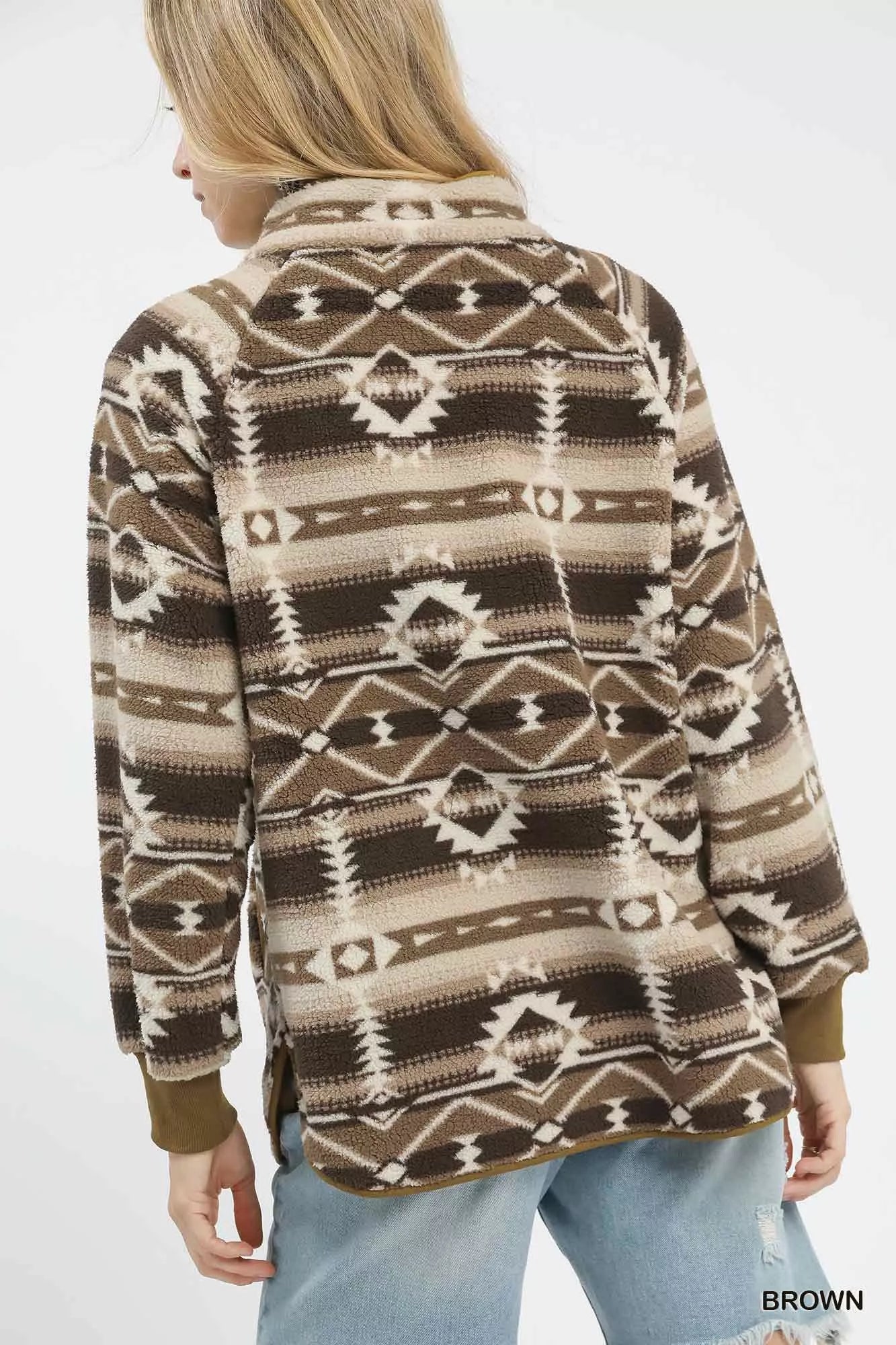 Aztec Print Sherpa Pullover, Brown