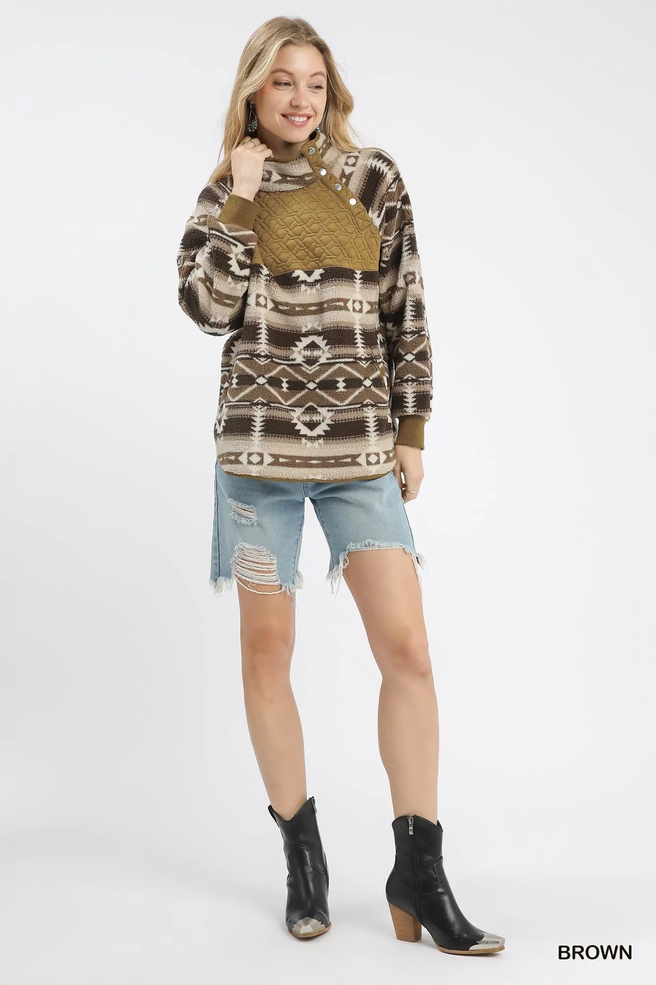 Aztec Print Sherpa Pullover, Brown