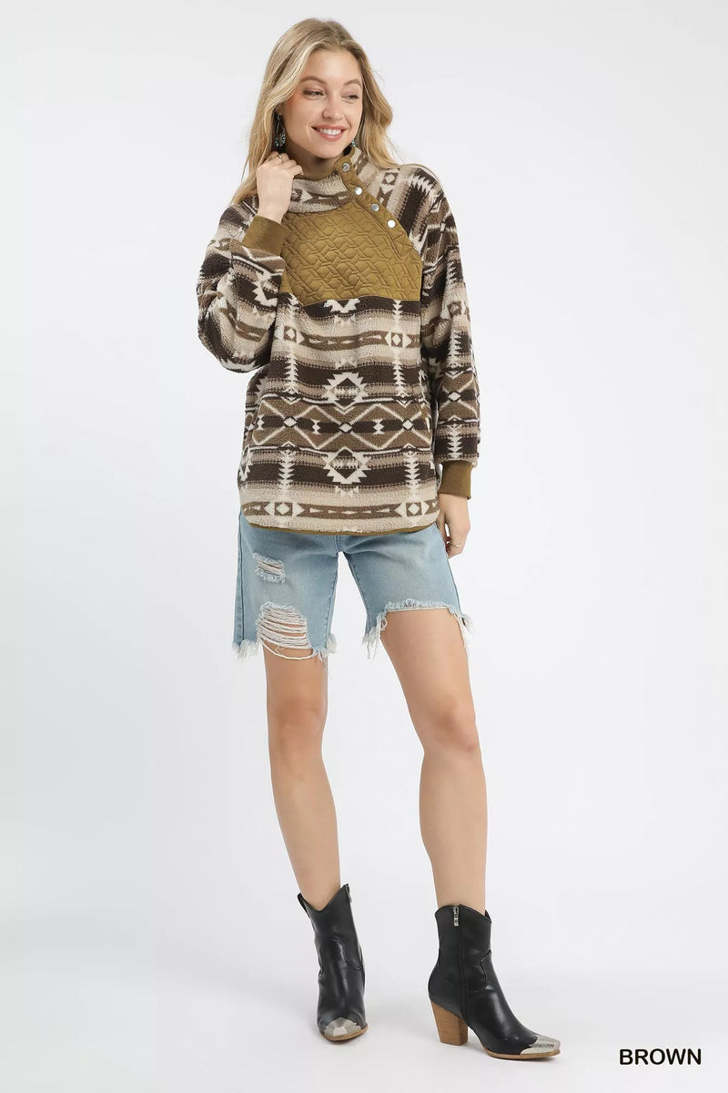 Aztec Print Sherpa Pullover, Brown