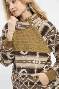 Aztec Print Sherpa Pullover, Brown