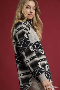 Aztec Print Sherpa Pullover, Charcoal-Reef Love