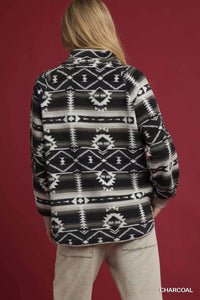 Aztec Print Sherpa Pullover, Charcoal-Reef Love