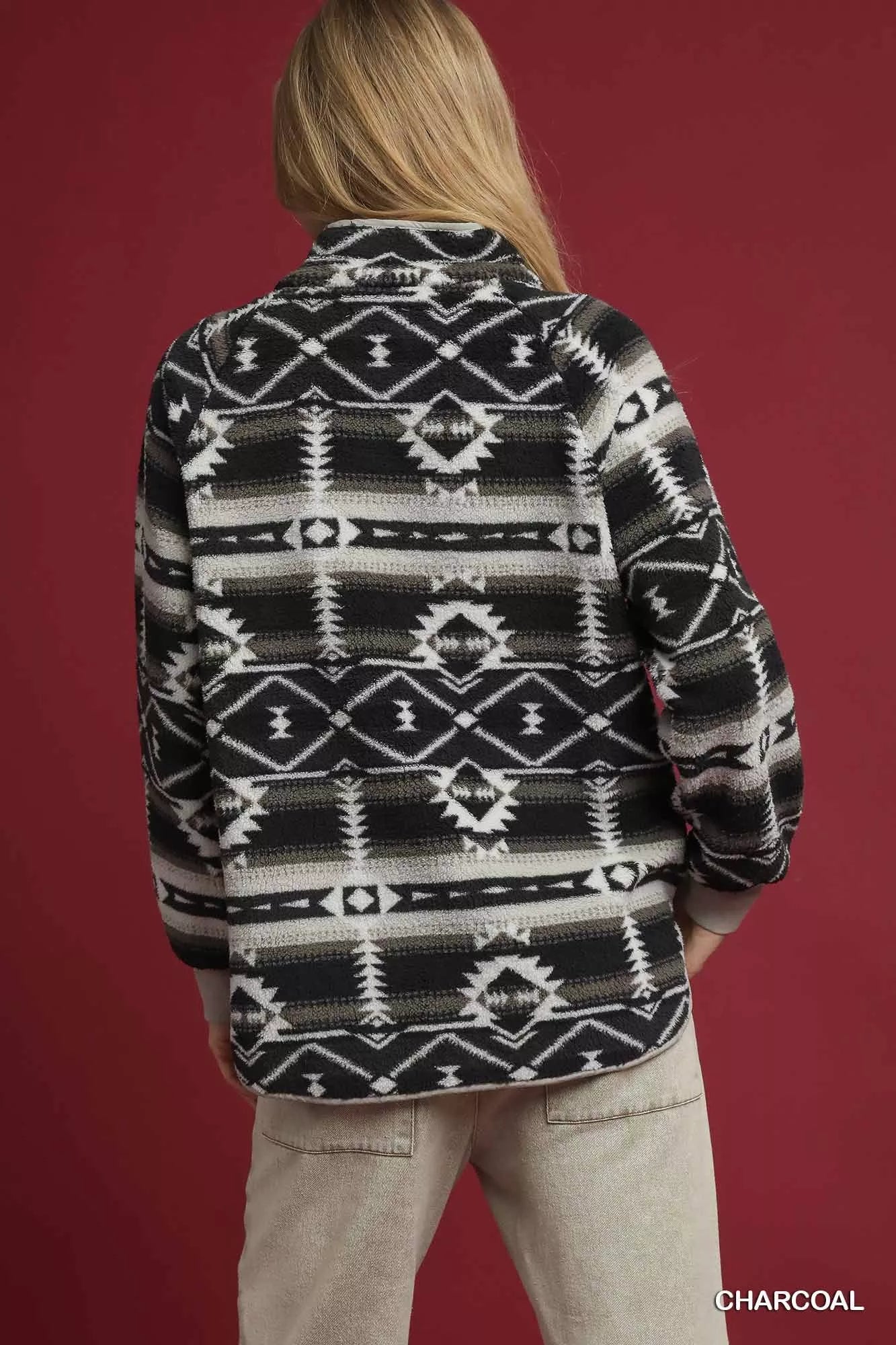 Aztec Print Sherpa Pullover, Charcoal-Reef Love