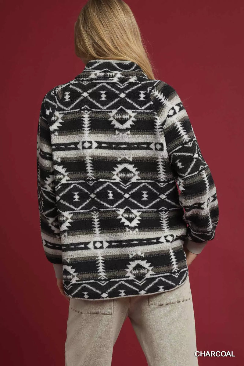 Aztec Print Sherpa Pullover, Charcoal-Reef Love