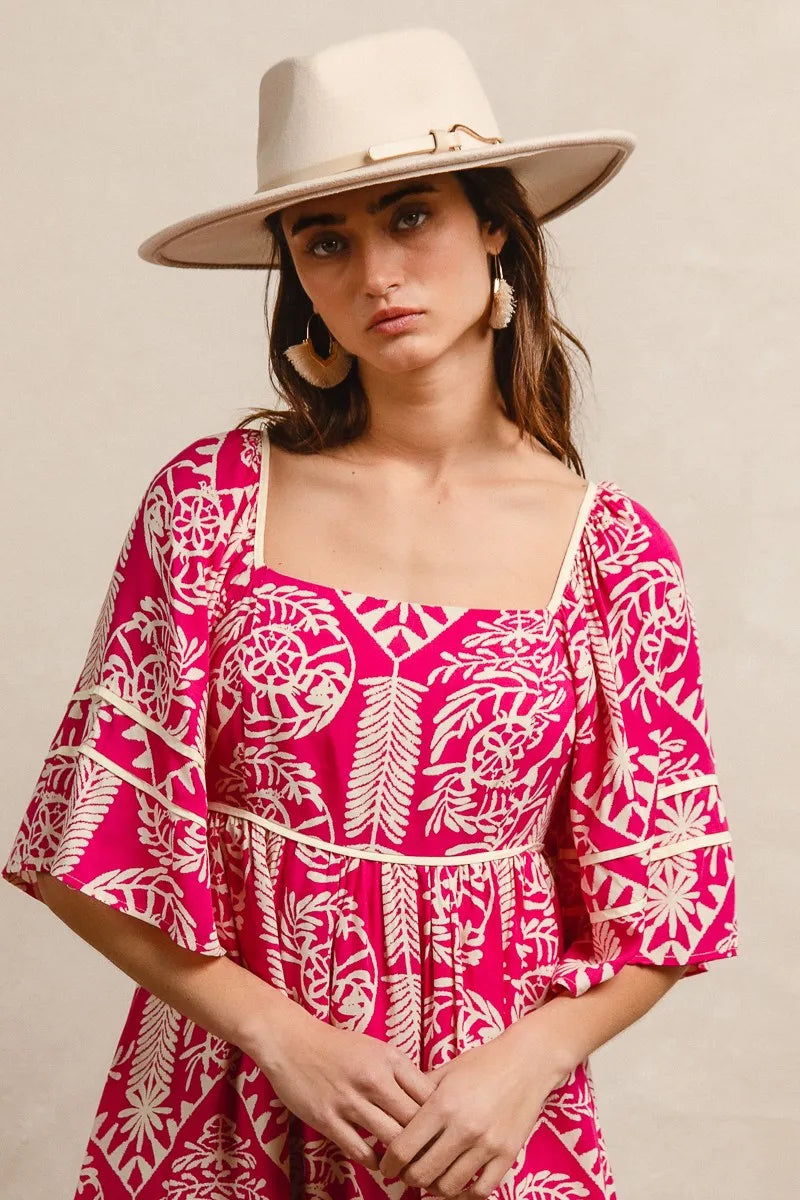 Aztec Woven Printed Contrast Binding Mini Dress-This stunning bohemian-inspired dress features a flattering square neckline and romantic three-quarter bell sleeves. Crafted from lightweight flowing fabric.-Reef Love Boho-Chic Boutique