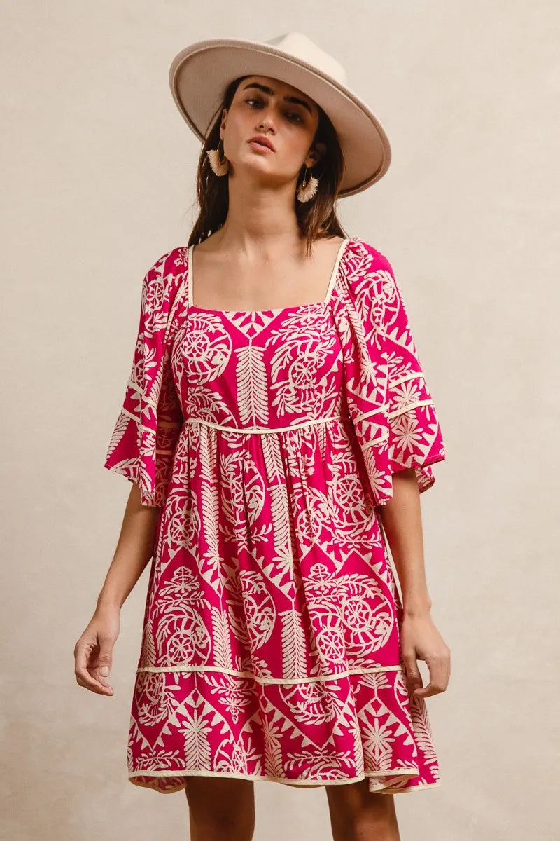 Aztec Woven Printed Contrast Binding Mini Dress-This stunning bohemian-inspired dress features a flattering square neckline and romantic three-quarter bell sleeves. Crafted from lightweight flowing fabric.-Reef Love Boho-Chic Boutique