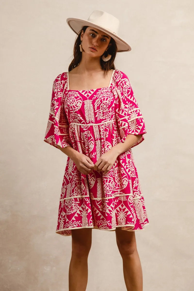 Aztec Woven Printed Contrast Binding Mini Dress-This stunning bohemian-inspired dress features a flattering square neckline and romantic three-quarter bell sleeves. Crafted from lightweight flowing fabric.-Reef Love Boho-Chic Boutique