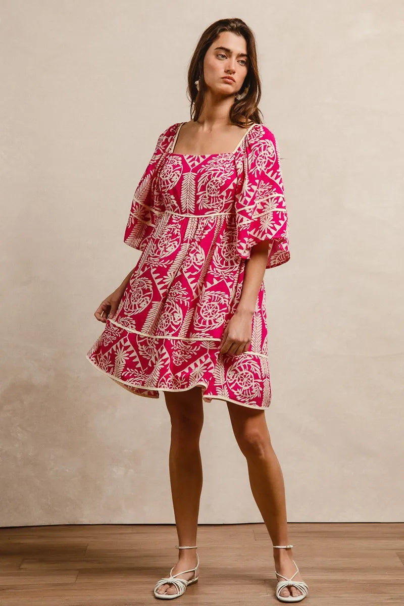 Aztec Woven Printed Contrast Binding Mini Dress-This stunning bohemian-inspired dress features a flattering square neckline and romantic three-quarter bell sleeves. Crafted from lightweight flowing fabric.-Reef Love Boho-Chic Boutique
