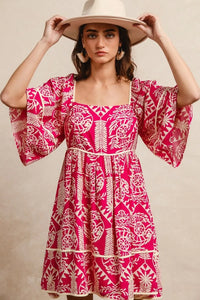 Aztec Woven Printed Contrast Binding Mini Dress-This stunning bohemian-inspired dress features a flattering square neckline and romantic three-quarter bell sleeves. Crafted from lightweight flowing fabric.-Reef Love Boho-Chic Boutique