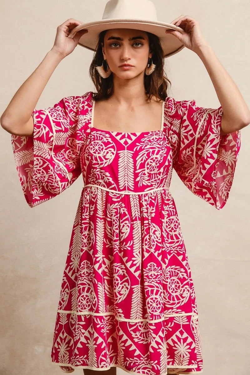 Aztec Woven Printed Contrast Binding Mini Dress-This stunning bohemian-inspired dress features a flattering square neckline and romantic three-quarter bell sleeves. Crafted from lightweight flowing fabric.-Reef Love Boho-Chic Boutique