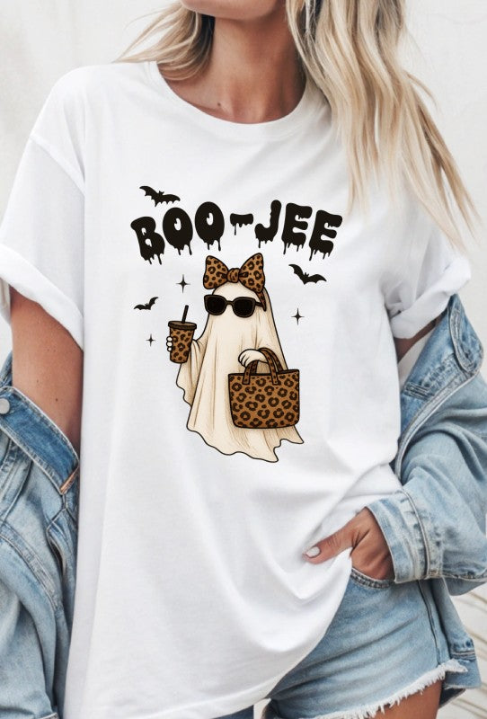 BOOJEE Leopard Halloween Ghost Graphic Tee-BOOJEE Ghost Graphic Tee – Halloween shirt with ghost, bats & leopard print accessories. Soft Bella + Canvas cotton tee, perfect for fall layering.-Reef Love