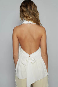 Backless Halter Sleeveless Top-Backless halter sleeveless top with smocking shirring detail. Chic open-back halter blouse with ruffle accents—perfect for nights out or stylish daytime looks.-Reef Love