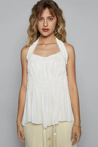 Backless Halter Sleeveless Top-Backless halter sleeveless top with smocking shirring detail. Chic open-back halter blouse with ruffle accents—perfect for nights out or stylish daytime looks.-Reef Love