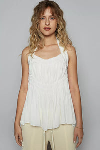 Backless Halter Sleeveless Top-Backless halter sleeveless top with smocking shirring detail. Chic open-back halter blouse with ruffle accents—perfect for nights out or stylish daytime looks.-Reef Love