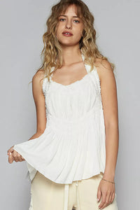 Backless Halter Sleeveless Top-Backless halter sleeveless top with smocking shirring detail. Chic open-back halter blouse with ruffle accents—perfect for nights out or stylish daytime looks.-Reef Love