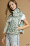 Bandana Print Quilted Puffer Vest, Olive-Bandana print quilted puffer vest with button closure and pockets. Lightweight, warm, and stylish—perfect for layering from fall through winter.-Reef Love