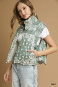 Bandana Print Quilted Puffer Vest, Olive-Bandana print quilted puffer vest with button closure and pockets. Lightweight, warm, and stylish—perfect for layering from fall through winter.-Reef Love