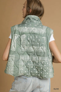 Bandana Print Quilted Puffer Vest, Olive-Bandana print quilted puffer vest with button closure and pockets. Lightweight, warm, and stylish—perfect for layering from fall through winter.-Reef Love