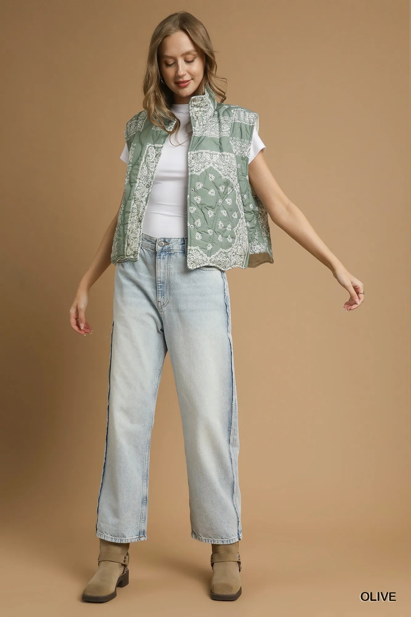 Bandana Print Quilted Puffer Vest, Olive-Bandana print quilted puffer vest with button closure and pockets. Lightweight, warm, and stylish—perfect for layering from fall through winter.-Reef Love