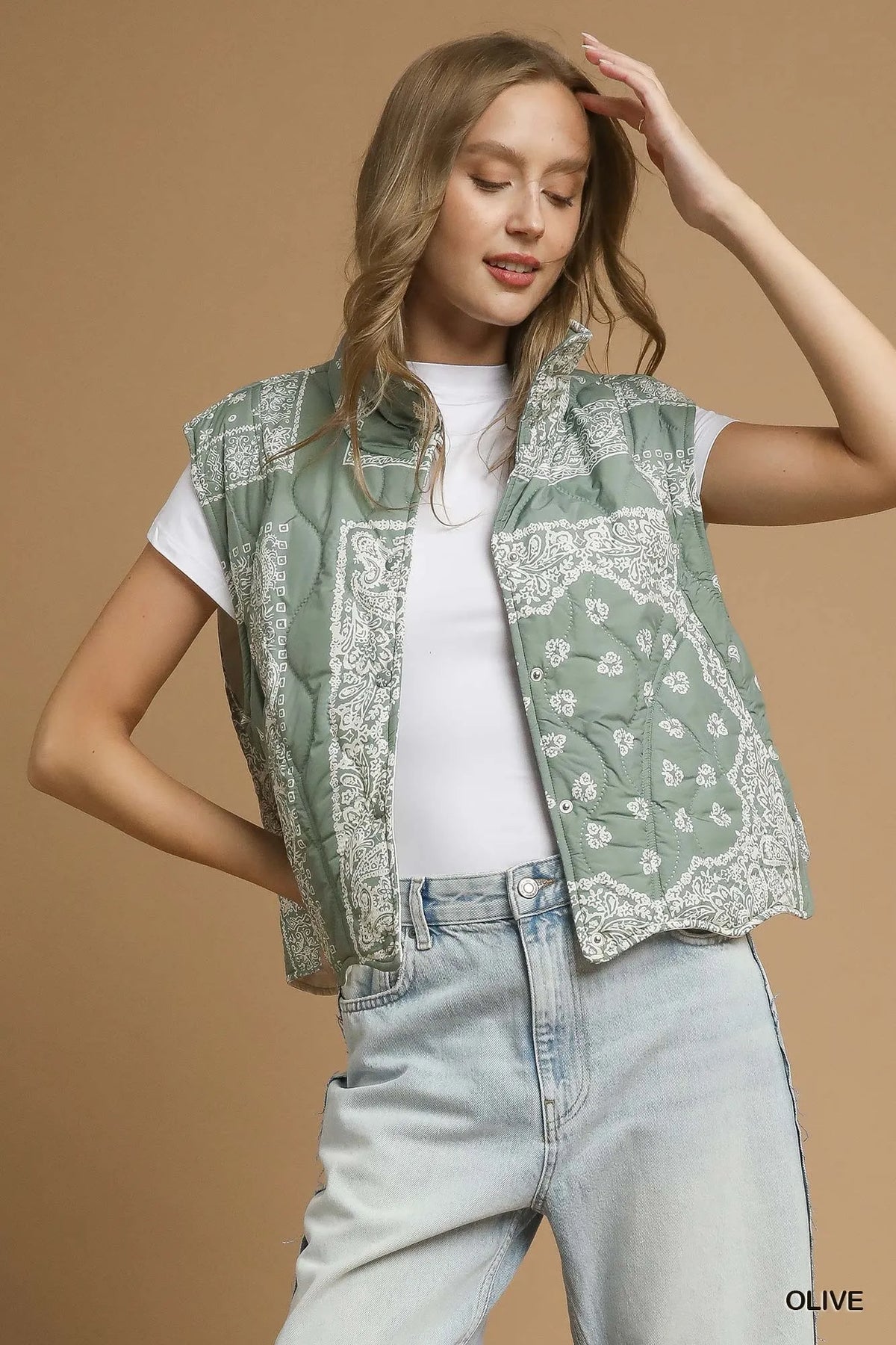 Bandana Print Quilted Puffer Vest, Olive-Bandana print quilted puffer vest with button closure and pockets. Lightweight, warm, and stylish—perfect for layering from fall through winter.-Reef Love