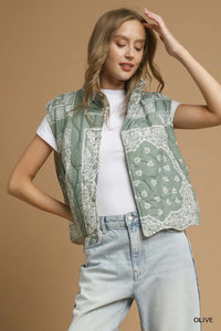 Bandana Print Quilted Puffer Vest, Olive-Bandana print quilted puffer vest with button closure and pockets. Lightweight, warm, and stylish—perfect for layering from fall through winter.-Reef Love