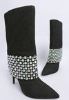 Basso Party Diamante Studded Stiletto Boots-Basso diamante studded stiletto boots. Sparkling rhinestone fold-over boots with 4.5" stiletto heel. Glam party style with cushioned insoles for comfort.