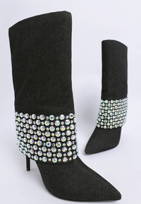 Basso Party Diamante Studded Stiletto Boots-Basso diamante studded stiletto boots. Sparkling rhinestone fold-over boots with 4.5" stiletto heel. Glam party style with cushioned insoles for comfort.