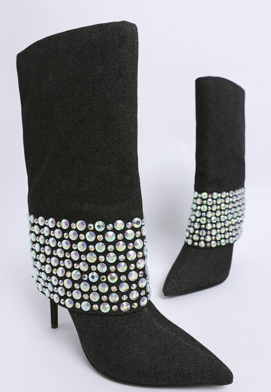 Basso Party Diamante Studded Stiletto Boots-Basso diamante studded stiletto boots. Sparkling rhinestone fold-over boots with 4.5" stiletto heel. Glam party style with cushioned insoles for comfort.