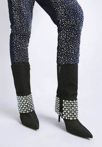 Basso Party Diamante Studded Stiletto Boots-Basso diamante studded stiletto boots. Sparkling rhinestone fold-over boots with 4.5" stiletto heel. Glam party style with cushioned insoles for comfort.