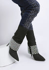 Basso Party Diamante Studded Stiletto Boots-Basso diamante studded stiletto boots. Sparkling rhinestone fold-over boots with 4.5" stiletto heel. Glam party style with cushioned insoles for comfort.