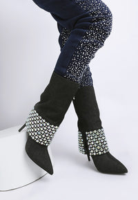 Basso Party Diamante Studded Stiletto Boots-Basso diamante studded stiletto boots. Sparkling rhinestone fold-over boots with 4.5" stiletto heel. Glam party style with cushioned insoles for comfort.