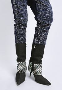 Basso Party Diamante Studded Stiletto Boots-Basso diamante studded stiletto boots. Sparkling rhinestone fold-over boots with 4.5" stiletto heel. Glam party style with cushioned insoles for comfort.