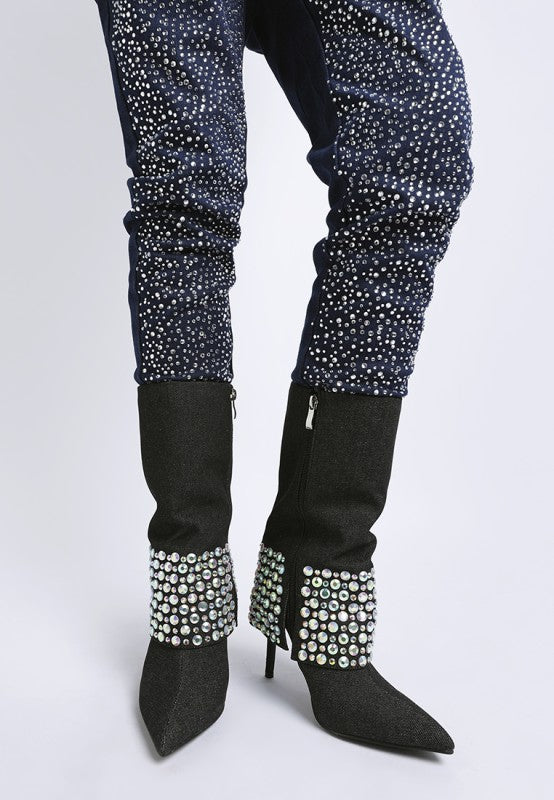 Basso Party Diamante Studded Stiletto Boots-Basso diamante studded stiletto boots. Sparkling rhinestone fold-over boots with 4.5" stiletto heel. Glam party style with cushioned insoles for comfort.