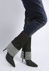 Basso Party Diamante Studded Stiletto Boots-Basso diamante studded stiletto boots. Sparkling rhinestone fold-over boots with 4.5" stiletto heel. Glam party style with cushioned insoles for comfort.