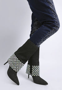 Basso Party Diamante Studded Stiletto Boots-Basso diamante studded stiletto boots. Sparkling rhinestone fold-over boots with 4.5" stiletto heel. Glam party style with cushioned insoles for comfort.