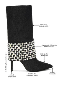Basso Party Diamante Studded Stiletto Boots-Basso diamante studded stiletto boots. Sparkling rhinestone fold-over boots with 4.5" stiletto heel. Glam party style with cushioned insoles for comfort.