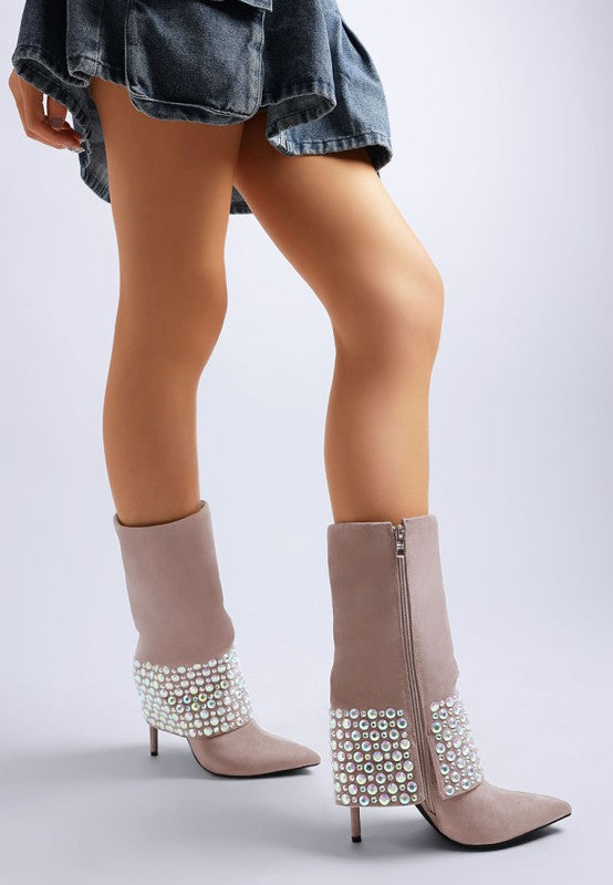 Basso Party Diamante Studded Stiletto Boots-Basso diamante studded stiletto boots. Sparkling rhinestone fold-over boots with 4.5" stiletto heel. Glam party style with cushioned insoles for comfort.
