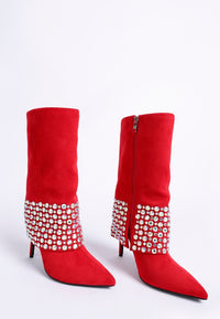 Basso Party Diamante Studded Stiletto Boots-Basso diamante studded stiletto boots. Sparkling rhinestone fold-over boots with 4.5" stiletto heel. Glam party style with cushioned insoles for comfort.